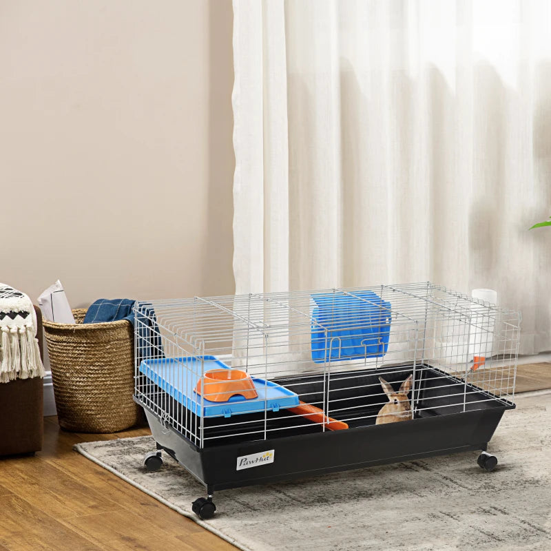 Spacious Small Animal Cage for Rabbits, Guinea Pigs & Chinchillas - Includes Wheels, Water Bottle, Food Dish, Ramp - 89x44x43 cm Black