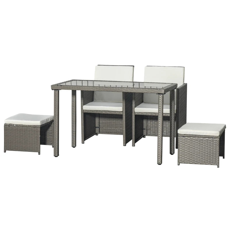 5-Piece Grey Rattan Dining Set with Cushion and Glass Table