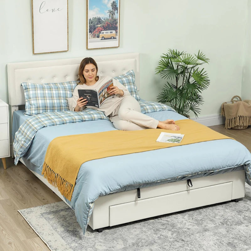 Luxury King Size Ottoman Bed Frame with Front Drawer - Elegant Cream Upholstery for Stylish Storage Solutions