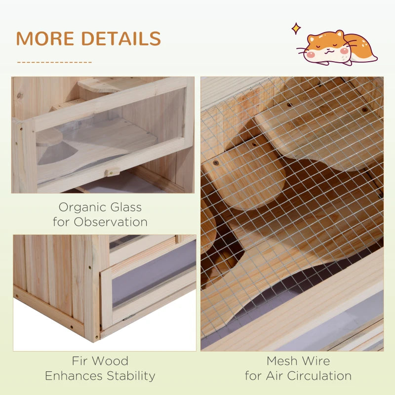 Natural Wooden Hamster Cage for Mice & Small Rodents - 60x35x42cm Exercise Play House Hutch