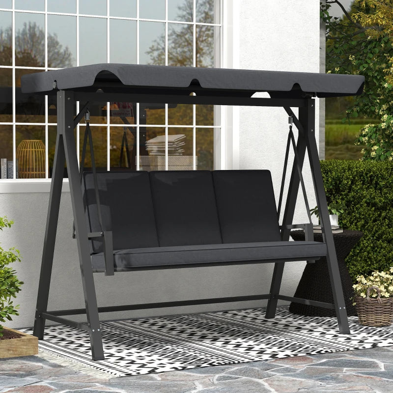 Dark Grey Three-Seater Garden Swing Bench with Adjustable Canopy for Outdoor Relaxation