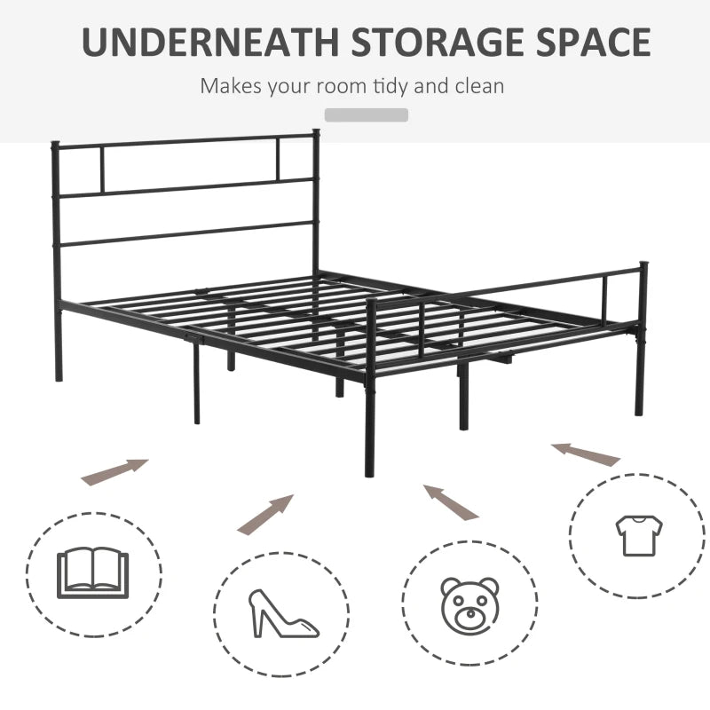 Double Metal Bed Frame with Headboard & Footboard - Solid Slat Support, Underbed Storage, Stylish Black Bedroom Furniture
