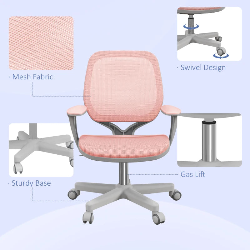 Vinsetto Pink Mesh Back Office Chair - Adjustable Height 44-56cm Ergonomic Design for Home & Office Use