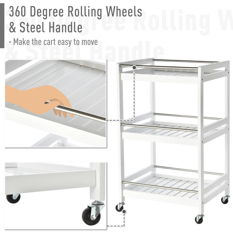 3-Tier Rolling Kitchen Storage Cart with Steel Bars & 4 Wheels - White Home Organizer for Living Room & Kitchen