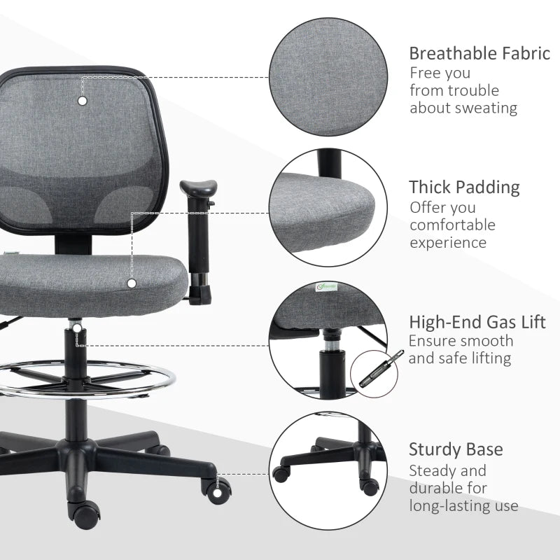 Vinsetto Ergonomic Drafting Chair - Adjustable Fabric Office Stool with Height Armrest & Foot Ring, 360° Swivel, Grey