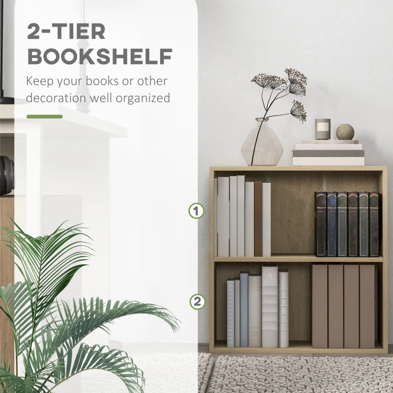 Natural 2-Tier Bookshelf - Adjustable Low Bookcase with 2 Compartments for Home Office, Living Room & Study