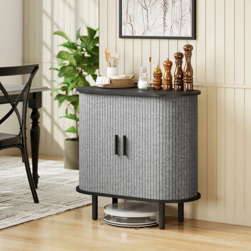 Modern Grey Tambour Sideboard with Fluted Sliding Doors, Stylish Kitchen Cupboard with Storage Shelves and Wooden Legs