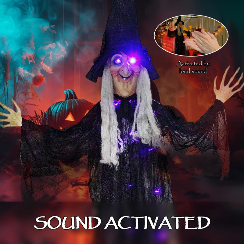 183 cm Life Size Animated Hanging Witch with Glowing LED Eyes - Spooky Halloween Decoration, Battery Operated Indoor Party Prop