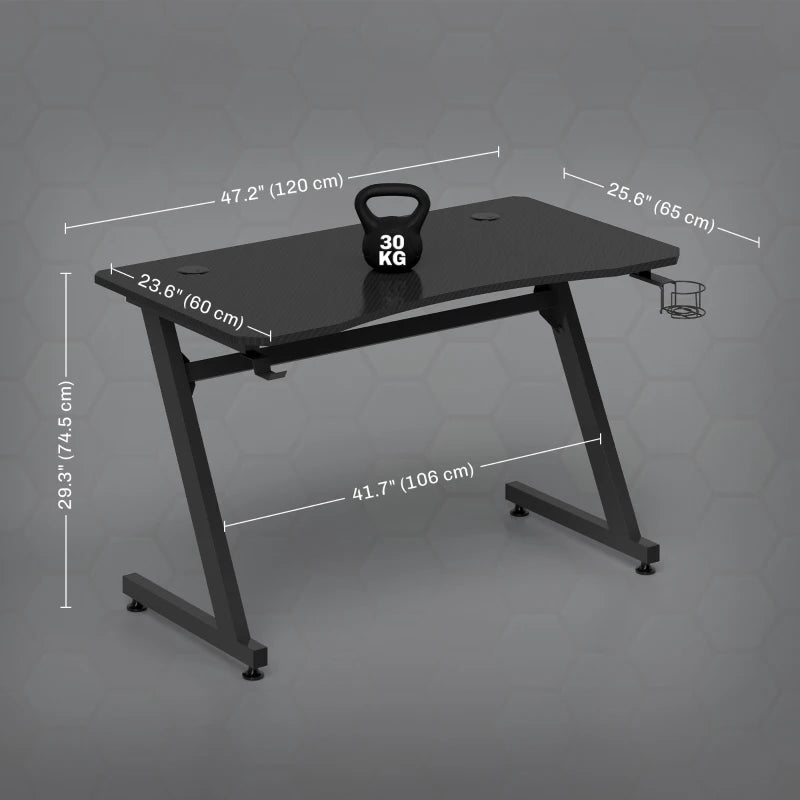 Gaming Desk 120x65 cm - Steel Frame, Cup Holder, Headphone Hook, Adjustable Feet, Cable Organizer - Black Home Office Table