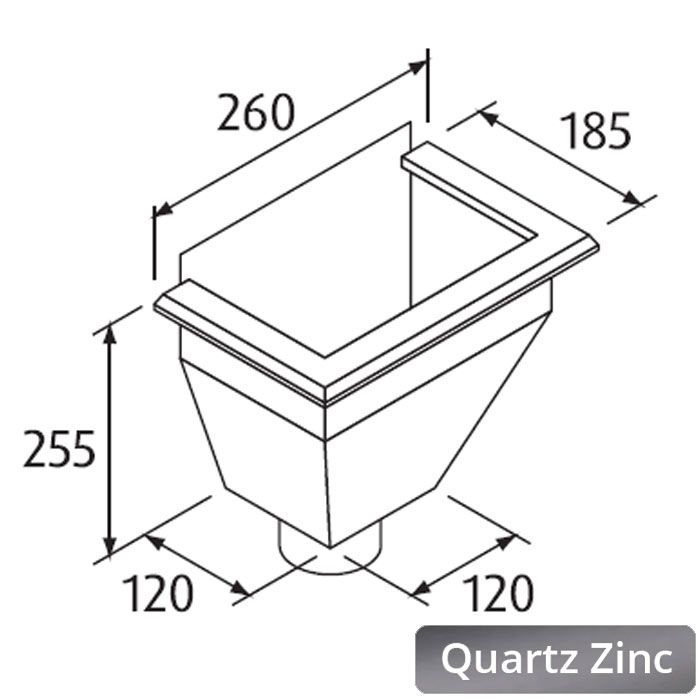 Quartz Zinc Hopper Head 250w x 250d x 390h Long version with 80mm Outlet
