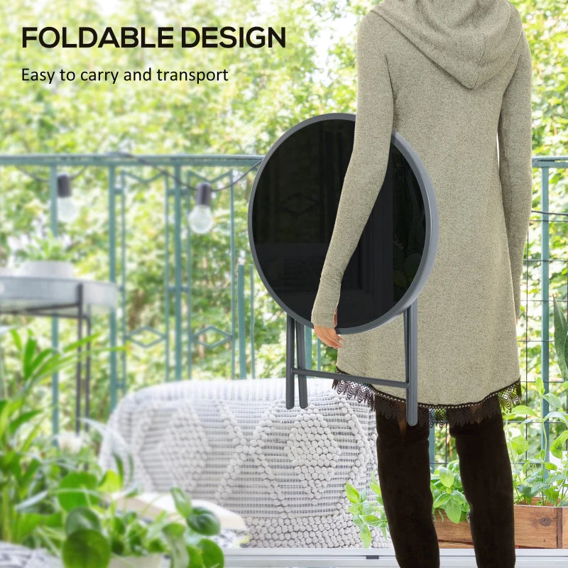 45cm Round Folding Garden Side Table - Outdoor Patio Coffee Table with Imitation Marble Glass Top - Black