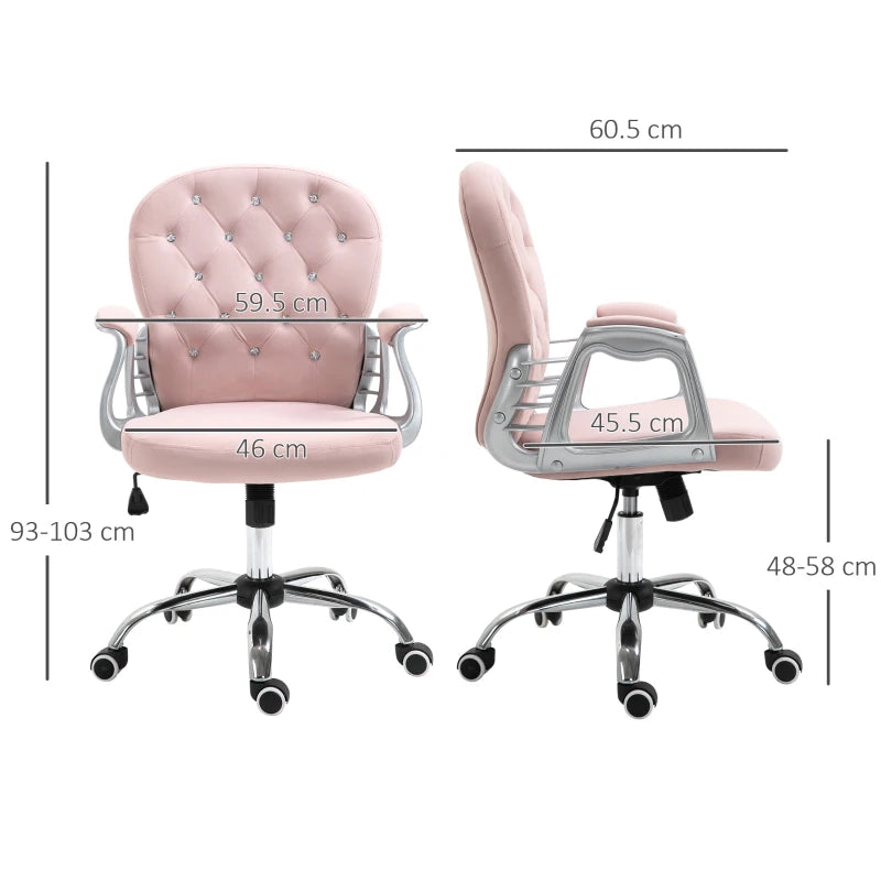 Vinsetto Pink Velvet Office Chair - Swivel Desk Chair with Adjustable Height & Rolling Wheels for Home & Study