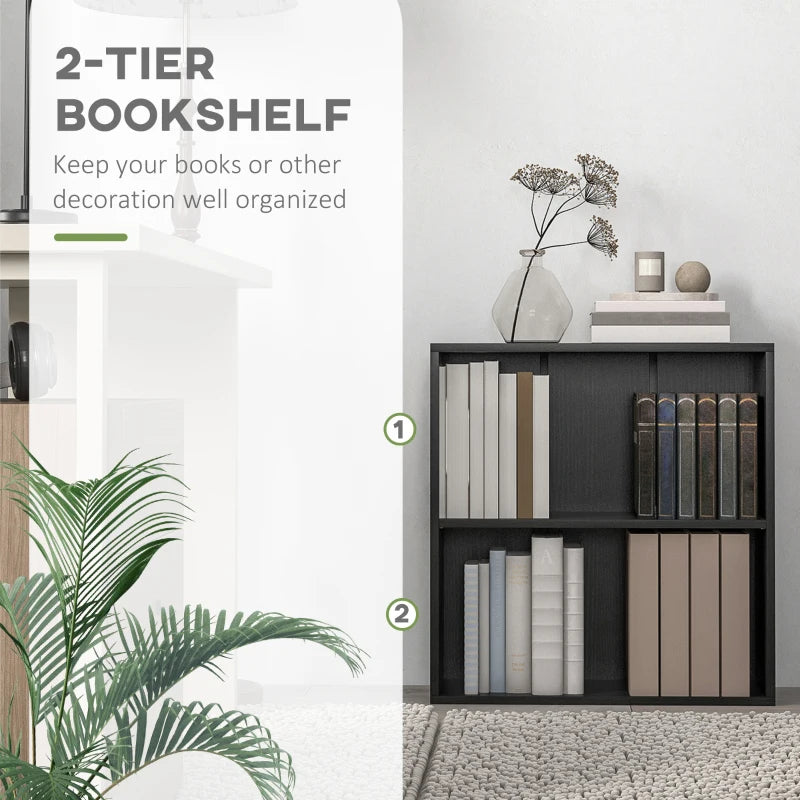 Adjustable 2-Tier Bookshelf - Low Black Bookcase with 2 Compartments for Home Office, Living Room & Study