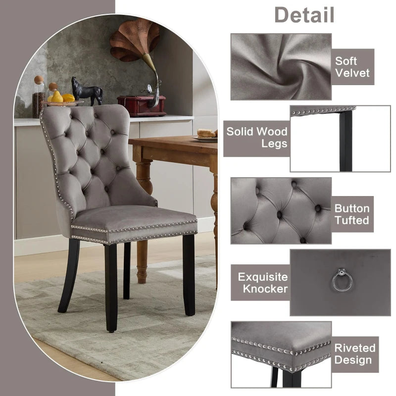 Set of 2 Grey Velvet Dining Chairs with Knocker Ring, Button Tufted Backrest & Rubber Wood Legs - Stylish & Comfortable