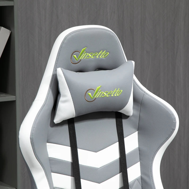 Vinsetto Gaming Chair - Ergonomic Computer Desk Chair with Lumbar Support, Faux Leather, Headrest & Swivel Wheels - Grey White