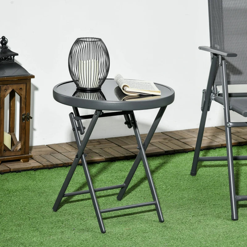 45cm Round Folding Garden Side Table - Outdoor Patio Coffee Table with Imitation Marble Glass Top - Black