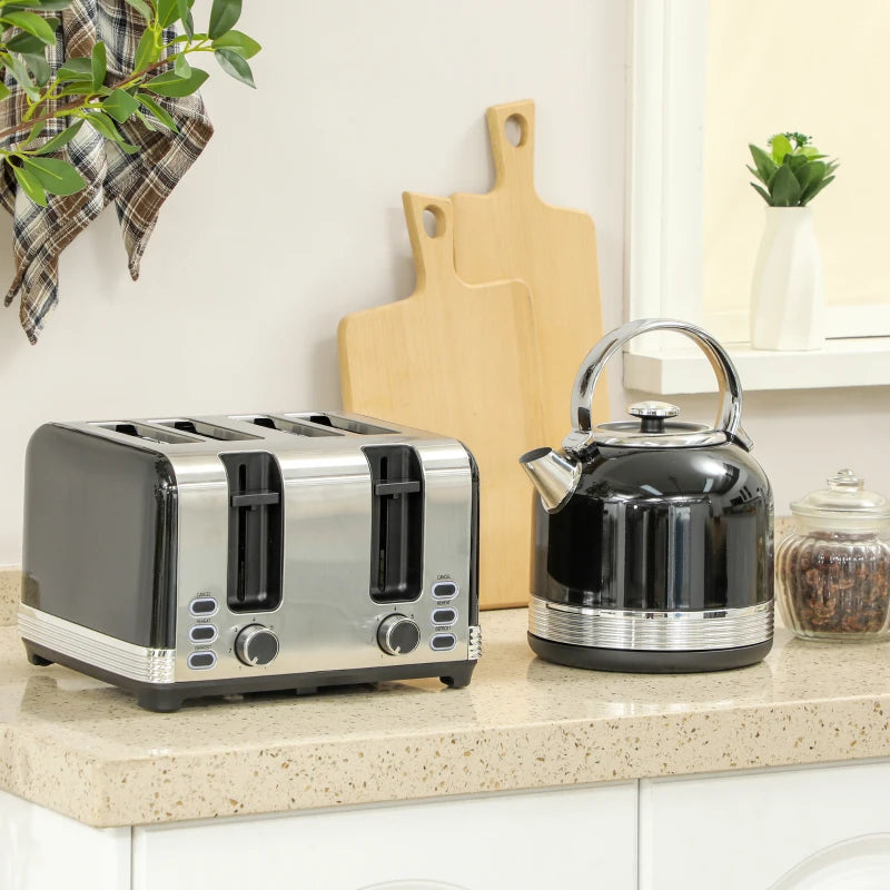 Polished Black Stainless Steel Kettle and Toaster Set - Stylish Kitchen Appliances for Modern Homes