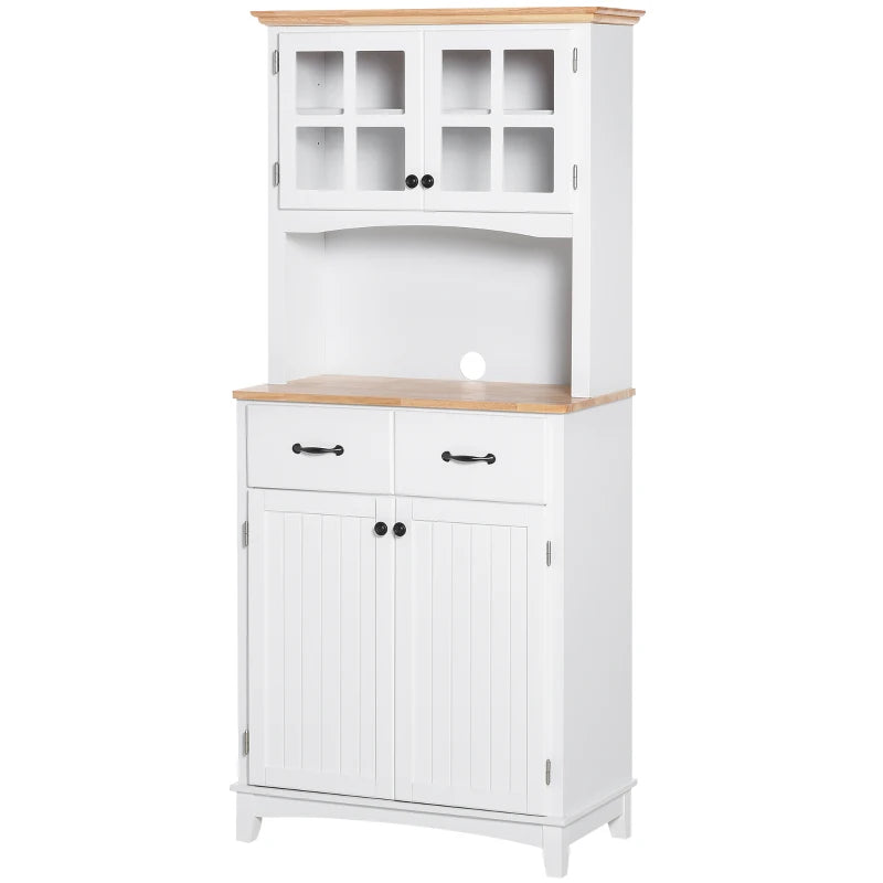 Freestanding Kitchen Cupboard with Glass Doors & 2 Drawers - Stylish White Storage Cabinet for Microwave & Kitchen Essentials