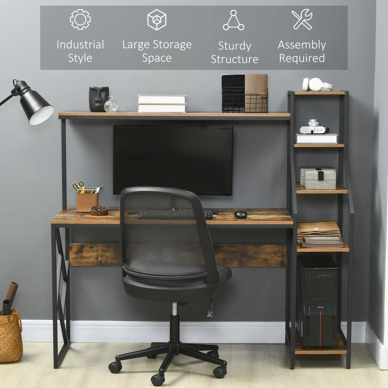 Industrial Computer Desk with Bookshelf - 6-Tier Storage Shelves for Home Office, Bedroom & Study - Rustic Brown, 150x55x138cm