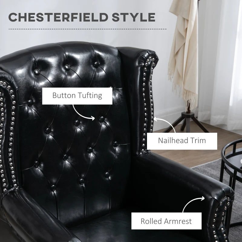 Tufted Chesterfield-Style Wingback Accent Chair with Nail Head Trim for Living Room or Bedroom in Black