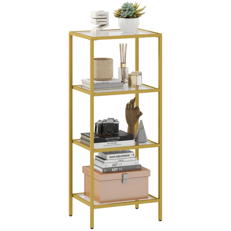 Elegant 4-Tier Glass Shelving Unit - Vertical Storage for Living Room, Home Office, Bedroom & Bathroom - Gold Tone Design