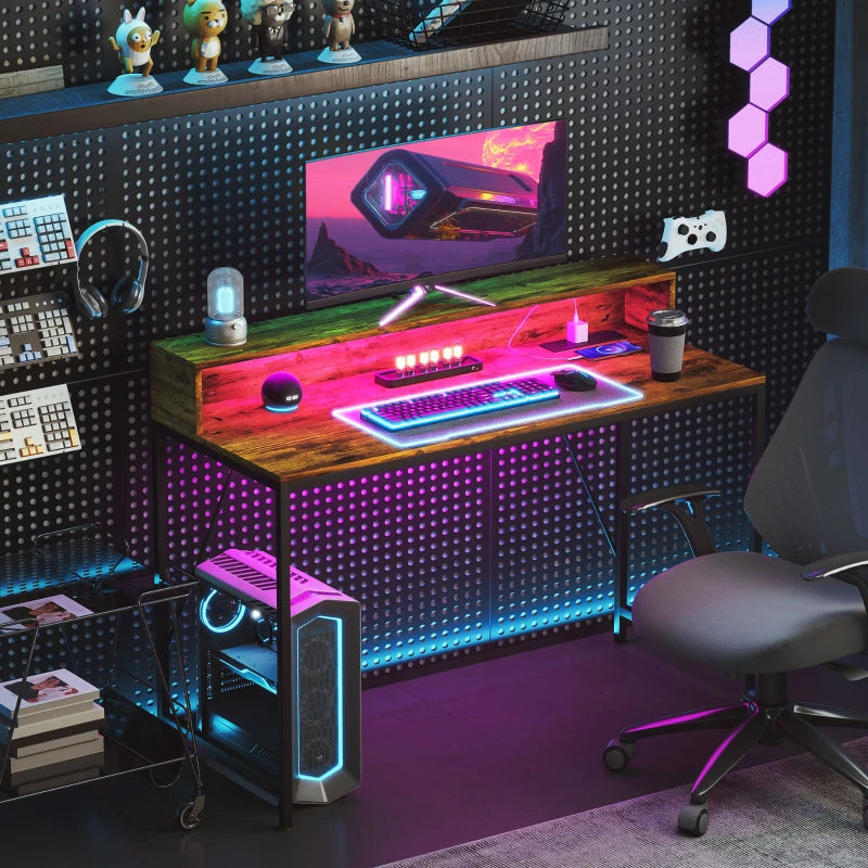 120cm Rustic Brown Computer Desk with LED Lights & Power Outlets, Gaming Table with Monitor Stand & Remote for Home Office