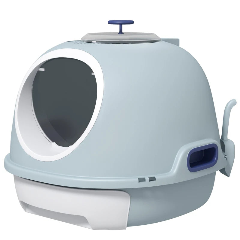 Blue Enclosed Cat Litter Box with Drawer & Scoop - Front Entry, Top Exit, Easy to Clean