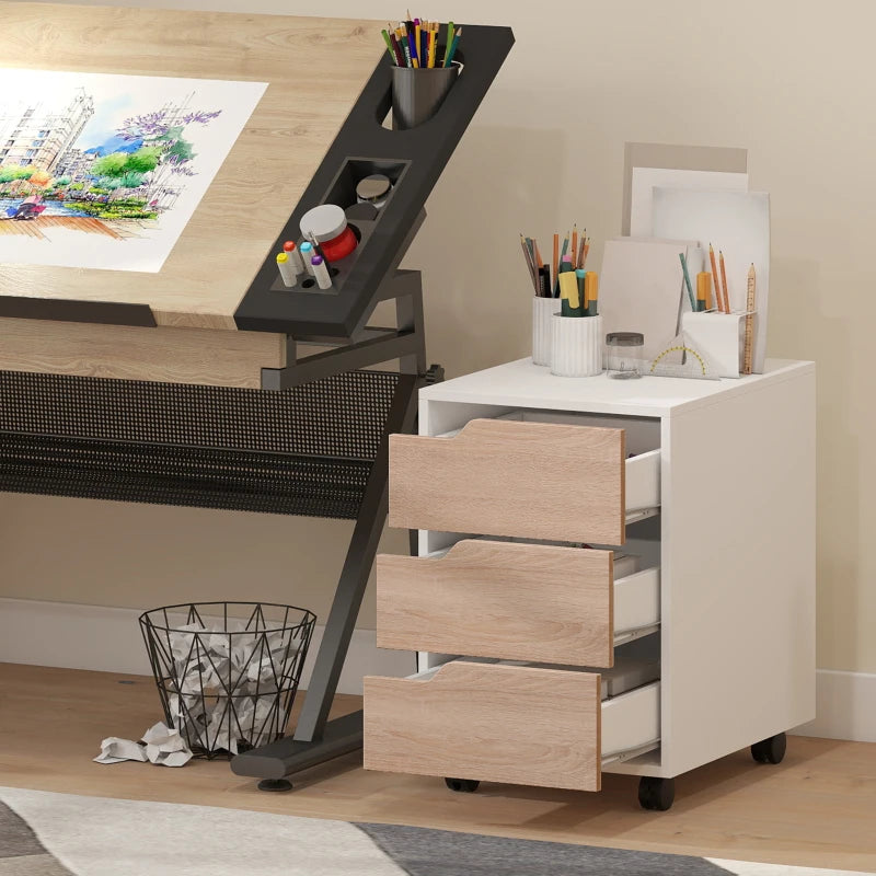 3 Drawer Mobile File Cabinet on Wheels - Vertical Oak Filing Cabinet for Home Office Organization