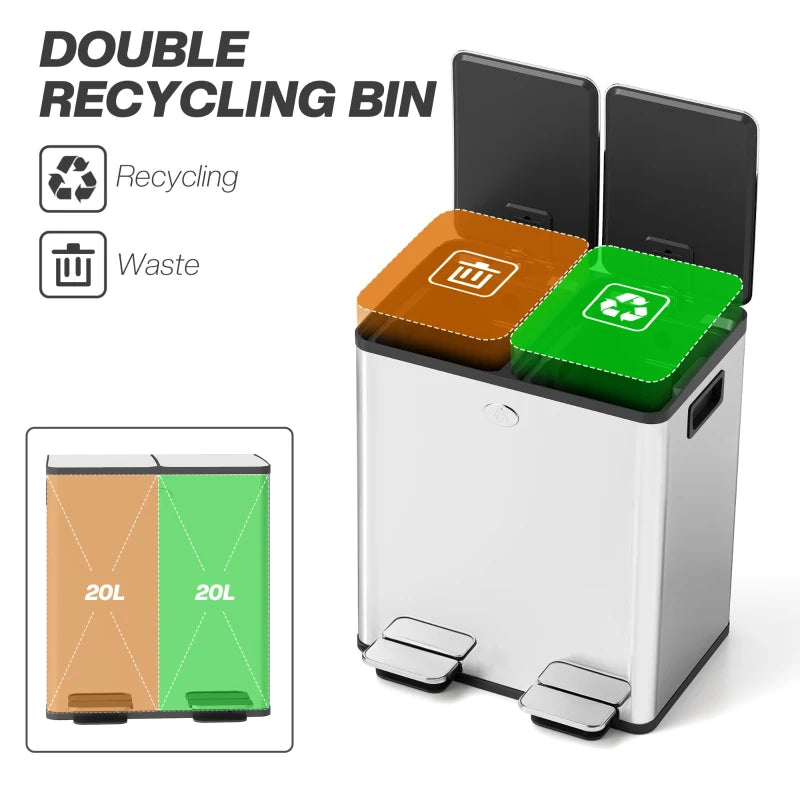 40L Dual Compartment Stainless Steel Trash Bin with Deodoriser Holders - Sleek Silver Tone for Kitchen & Office