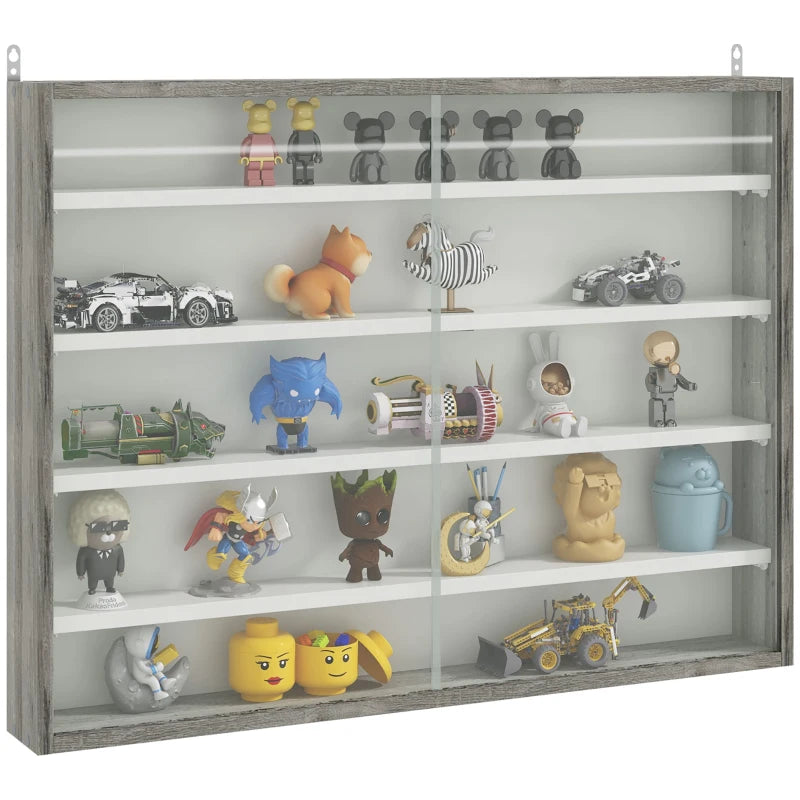 5-Tier Wall Display Shelf Unit with 4 Adjustable Shelves & Glass Doors - Grey Wood Grain Cabinet for Home Office Decor 60x80cm