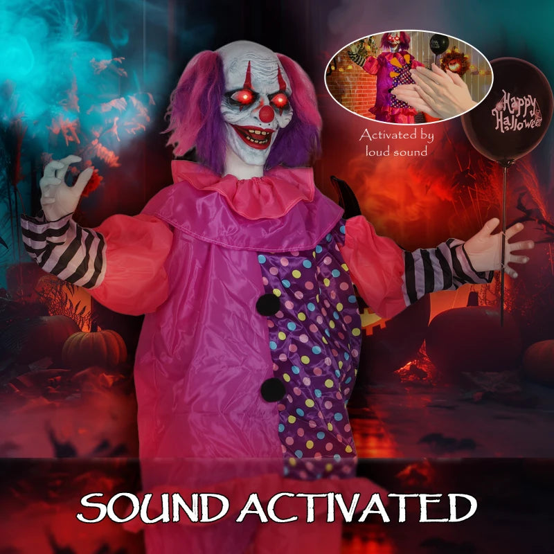 Scary Animated Clown Decoration - Spooky Pink & Purple Halloween Prop for Haunted House & Party