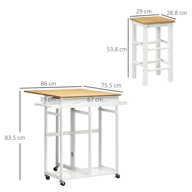 Bamboo Kitchen Island Set with 2 Stools, Rolling Breakfast Cart, Drop Leaf Top, Drawers & Towel Rack - White