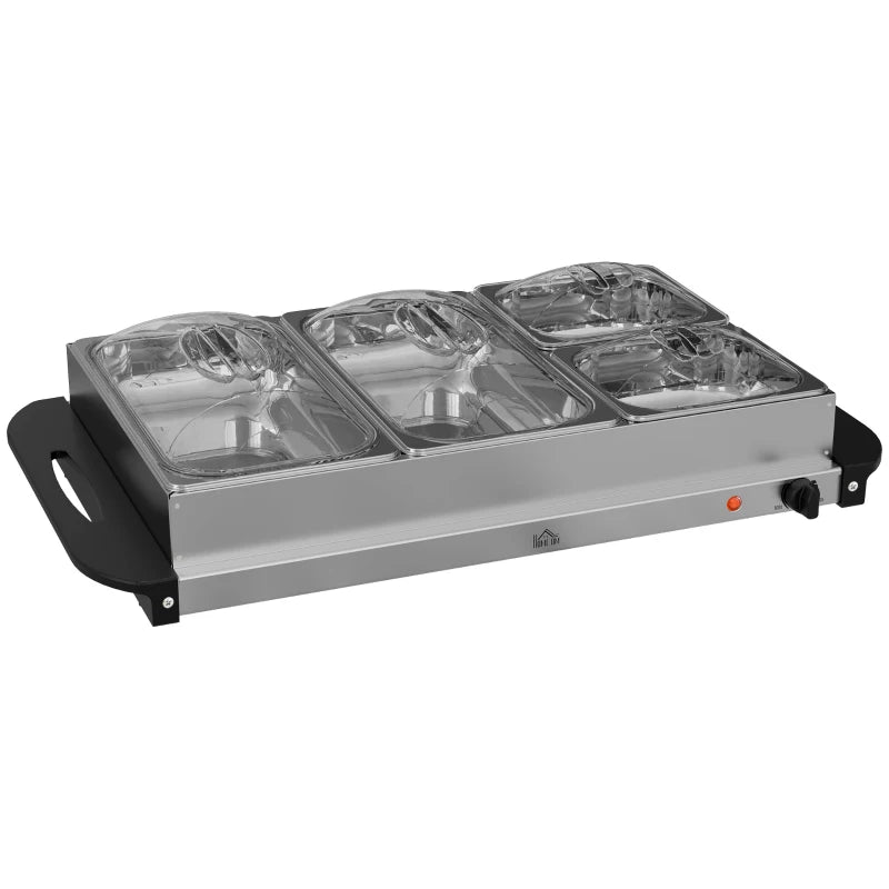 4 Tray Electric Food Warmer Buffet Server - Adjustable Temperature, 300W, Cool Touch Handles, 2 x 2.4L & 2 x 1L Pans