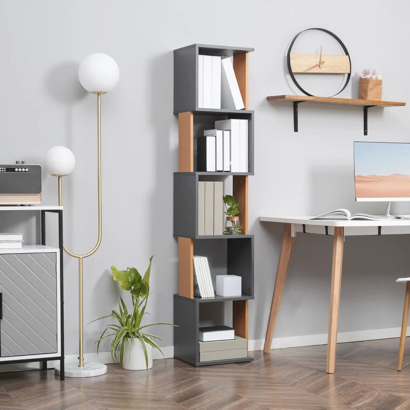 Modern 5-Tier Bookshelf - Freestanding Bookcase for Living Room, Home Office & Study - Stylish Brown & Dark Grey Storage