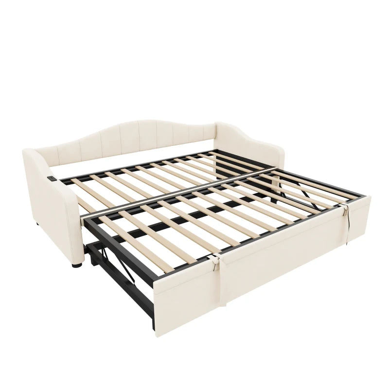 Beige Velvet Upholstered Daybed with USB & Type-C Ports, Convertible Sofa Bed & Pull-Out Trundle, 202x193x78 cm