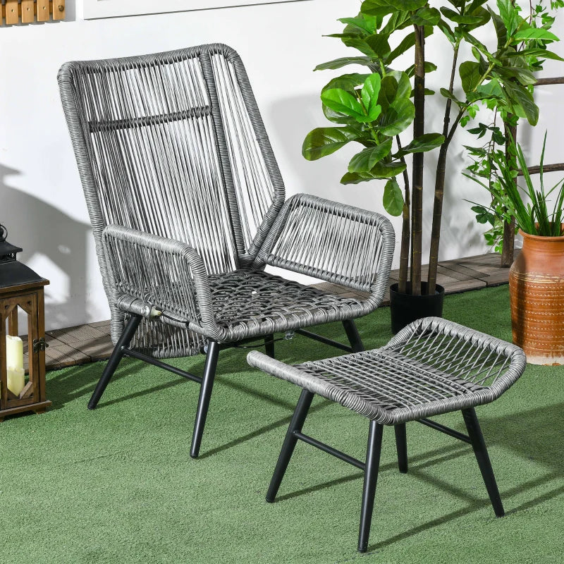 Grey Rattan Armchair and Footstool Set with Cushions
