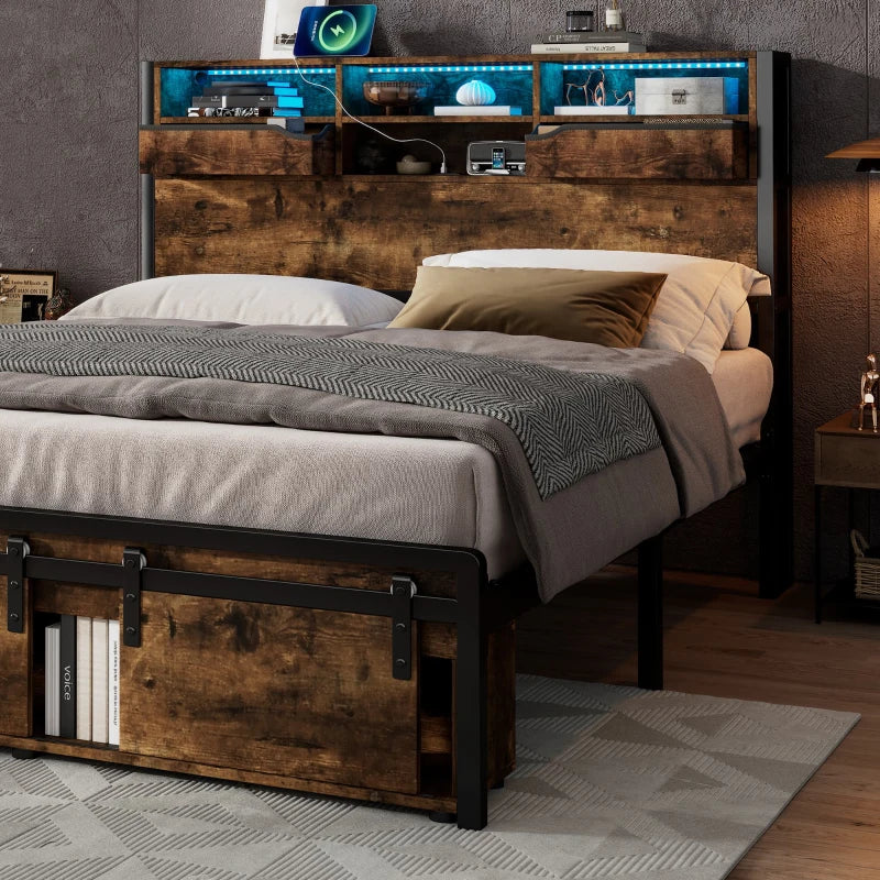 Metal Double Bed with LED Lights & Charging Ports, Storage Base, 209x137.5x114.5 cm, Black & Natural Finish
