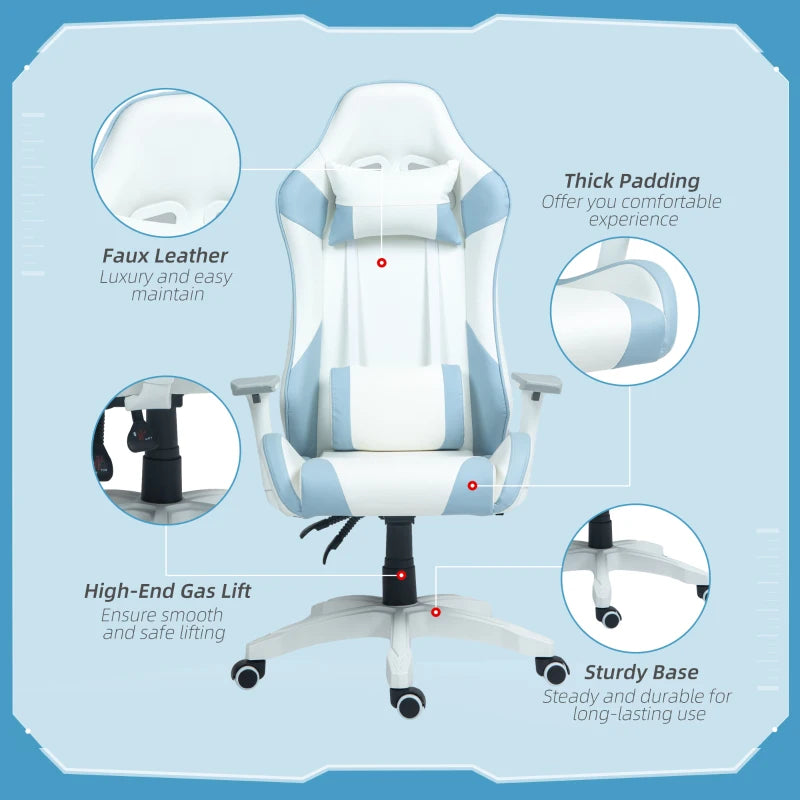 Faux Leather Colour Block Gaming Chair - 135° Recline, Stylish Blue/White Design for Ultimate Comfort and Support