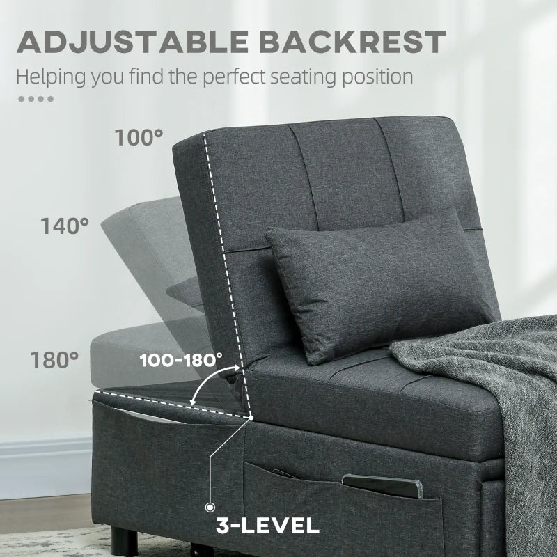 4-in-1 Convertible Chair Bed with Adjustable Backrest, Side Pocket, Wheels and Pillow for Living Room, Grey