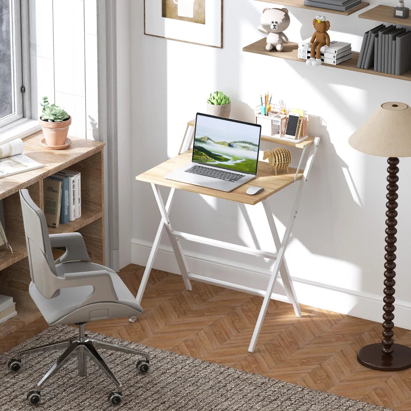 70 cm Folding Computer Desk with Monitor Shelf - Stylish Natural Wood Finish for Home Office & Study