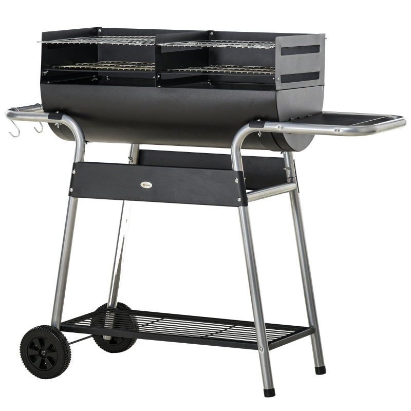 Charcoal BBQ Grill with Double Grill, Side Table, Storage Shelf, Wheels - Black