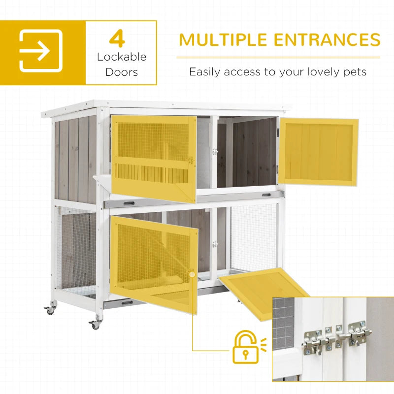 White Wooden Pet Hutch - Two-Tier Cage with Rain Cover & Wheels for Easy Mobility - Perfect for Rabbits & Small Pets