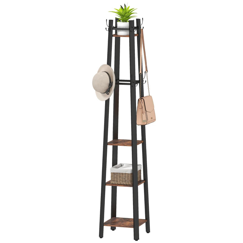 Industrial-Style Four Shelf Coat Stand - Rustic Brown and Black Entryway Organizer for Coats, Hats, and Accessories