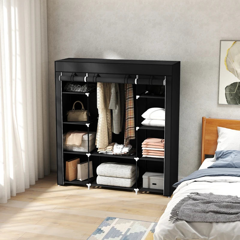 Portable Foldable Fabric Wardrobe Clothes Storage Organizer with Hanging Rail and Shelves Black