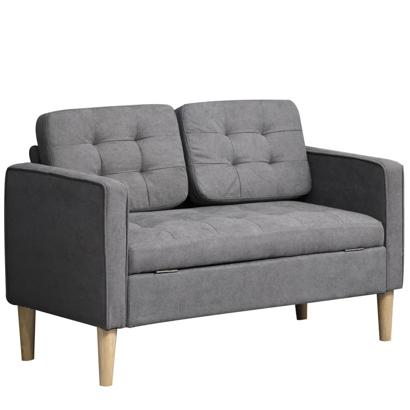 Compact 2 Seater Sofa with Hidden Storage, 117cm Tufted Cotton Couch for Living Room or Kitchen, Grey