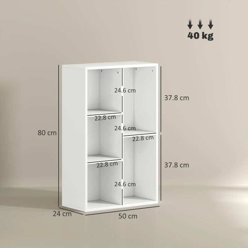 Modern 2-Tier White Bookshelf with 5 Spacious Compartments - Stylish Storage Solution for Home or Office