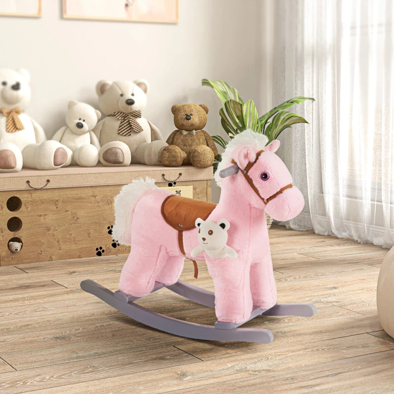 Kids Plush Rocking Horse Toy with Realistic Sounds - Soft Ride-On Rocker for Toddlers 18-36 Months - Pink