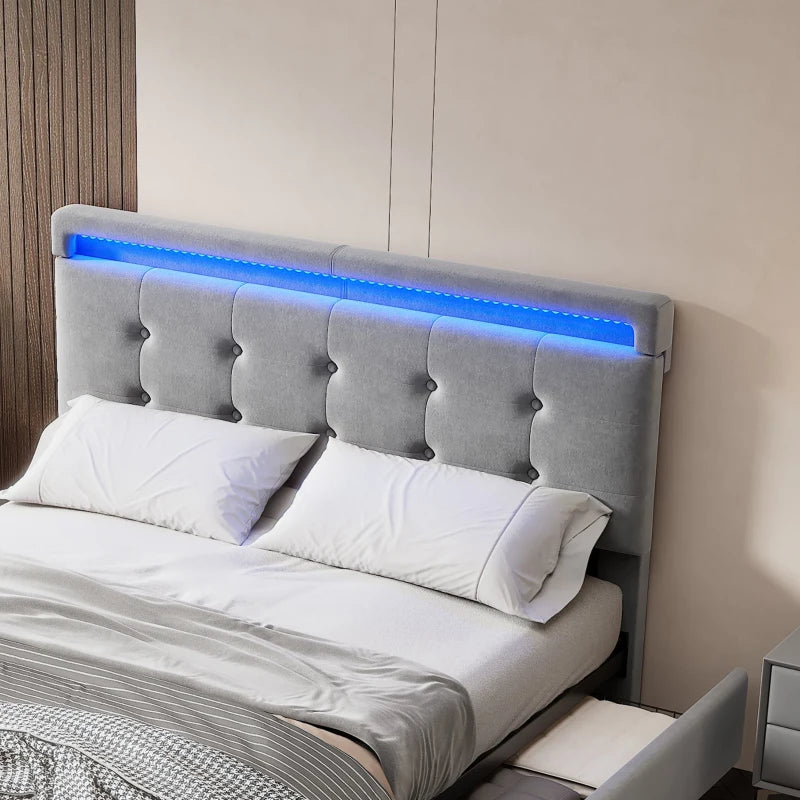 Velvet Upholstered Double Bed with Storage & LED Lights - Soft Backrest, 4 Drawers, Gray - 198x140x98 cm