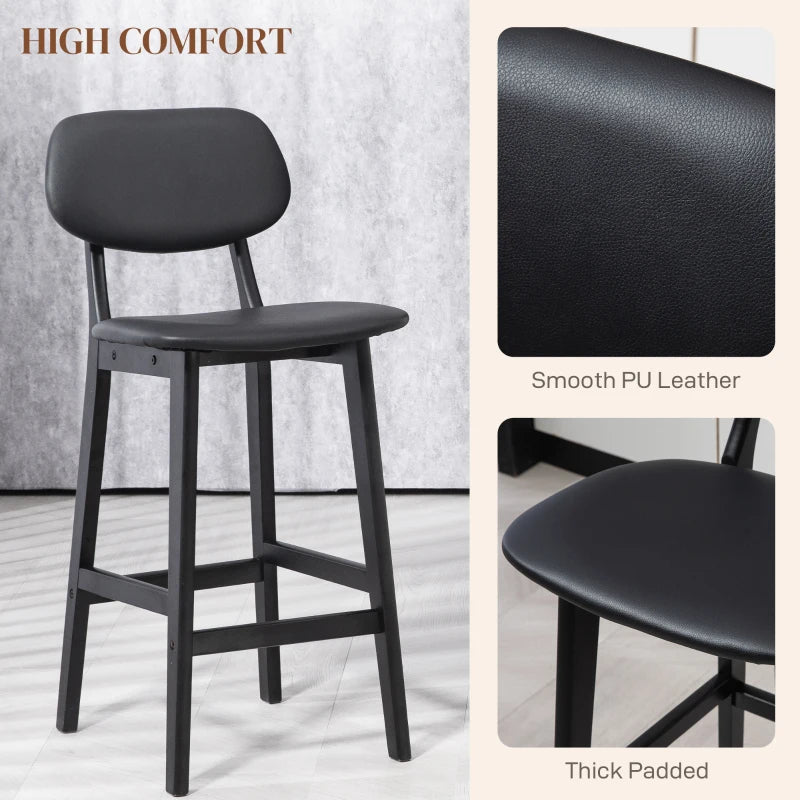 Set of 2 Classic Black Wooden Bar Stools with Faux Leather Seats - Stylish & Durable Design for Home or Bar