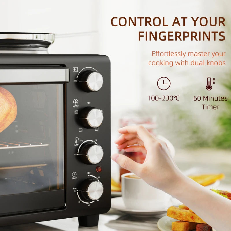 28L Electric Mini Oven with 2 Hot Plates - Countertop Toaster Oven for Baking, Grilling & Roasting - 2600W, Black